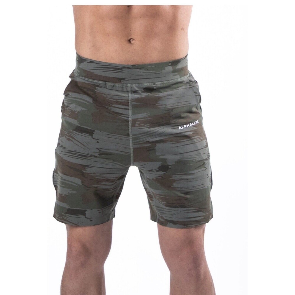 Mens Alphalete Shorts Trace Short  8” - Olive Canvas Camo , Size Medium
